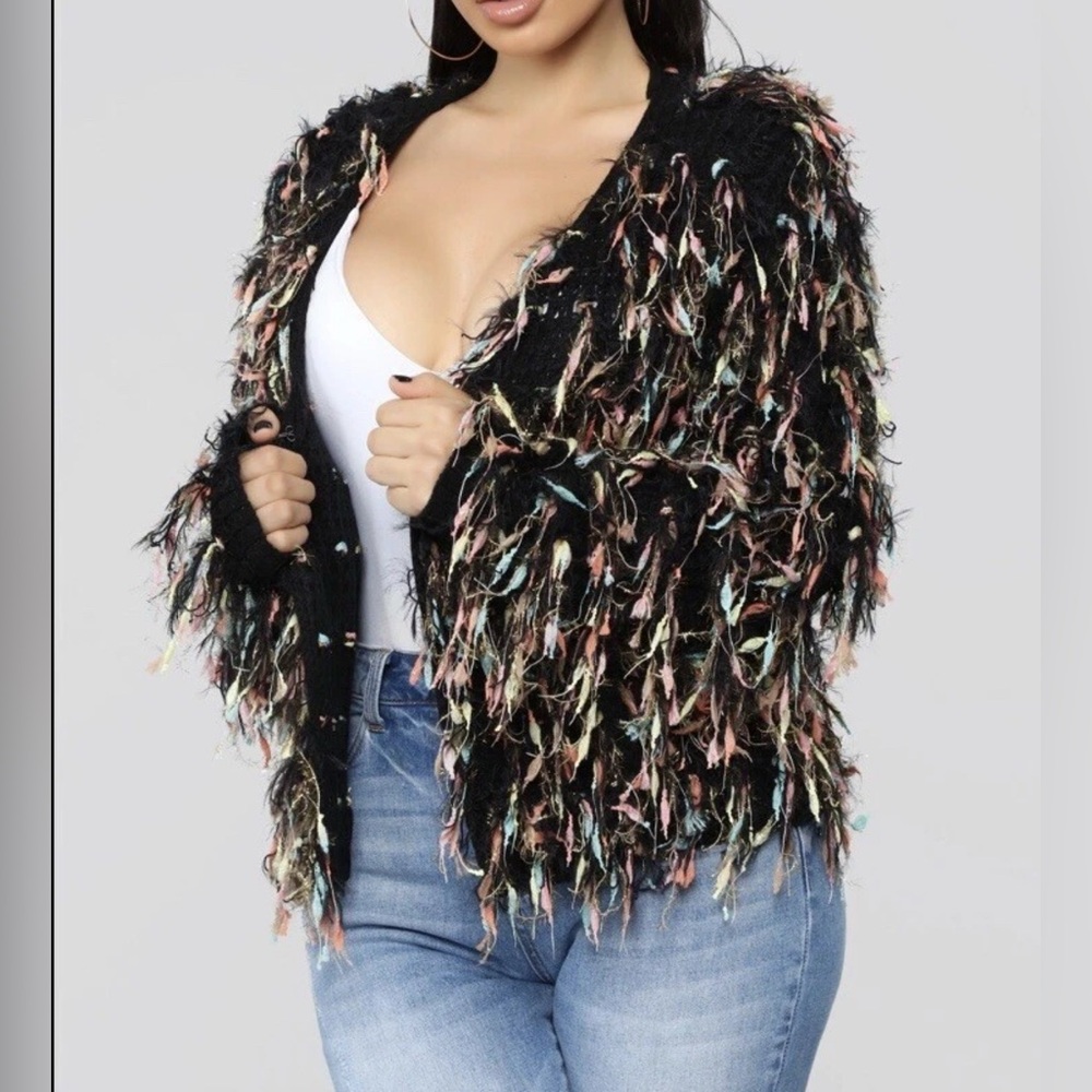 Black base Cardigan with multi-colored fringe detailing size Medium